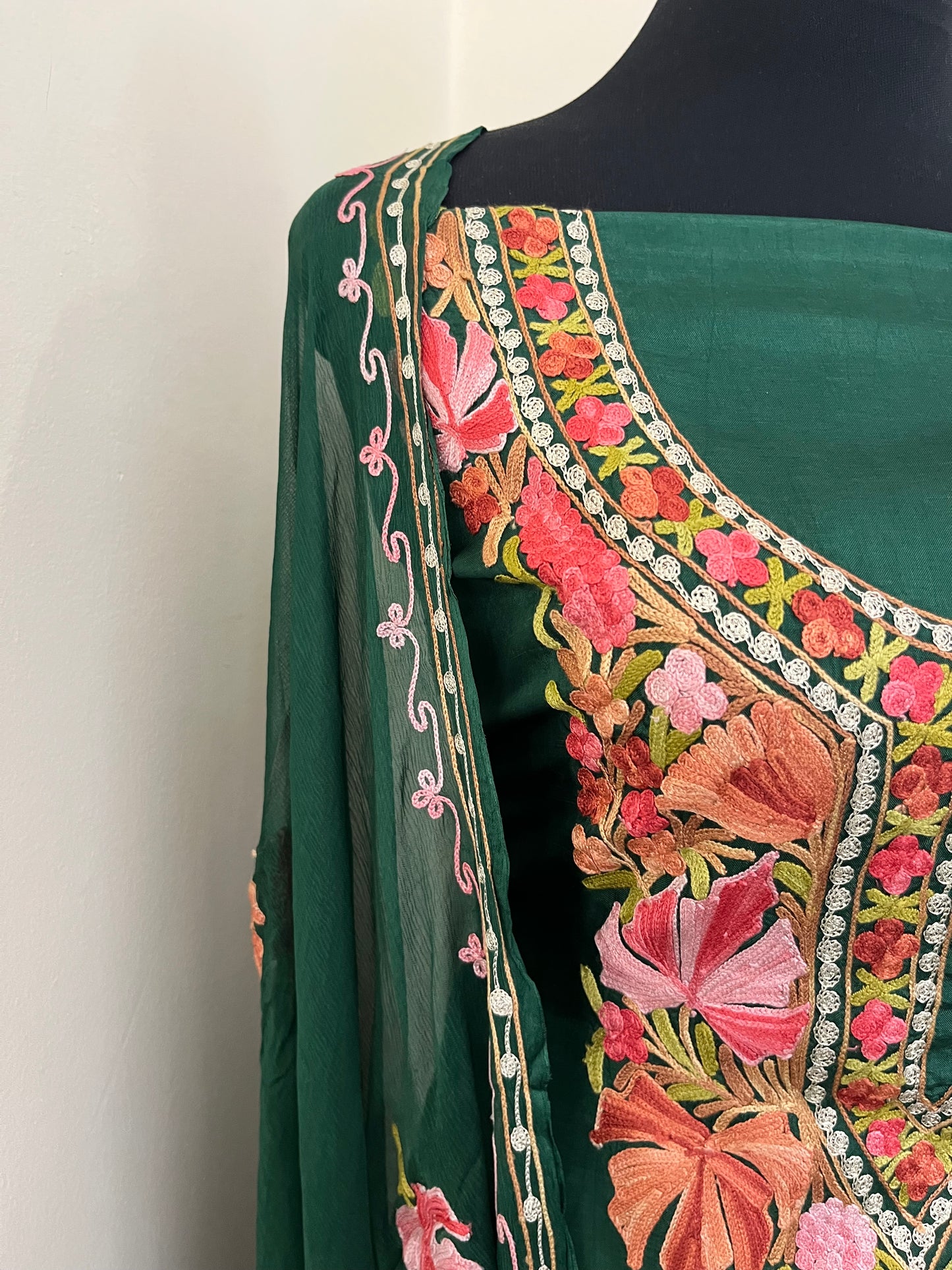 Bottle Green Opada Silk Aari Embroidered Suit material