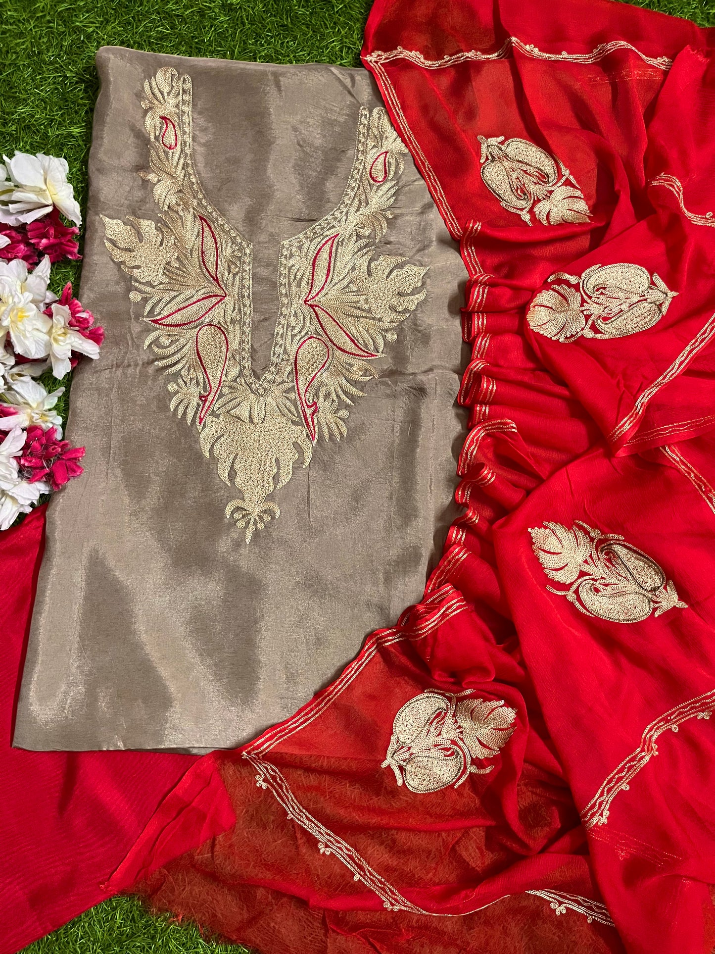 Golden Beige Silk Aari Tilla Fusion Suit