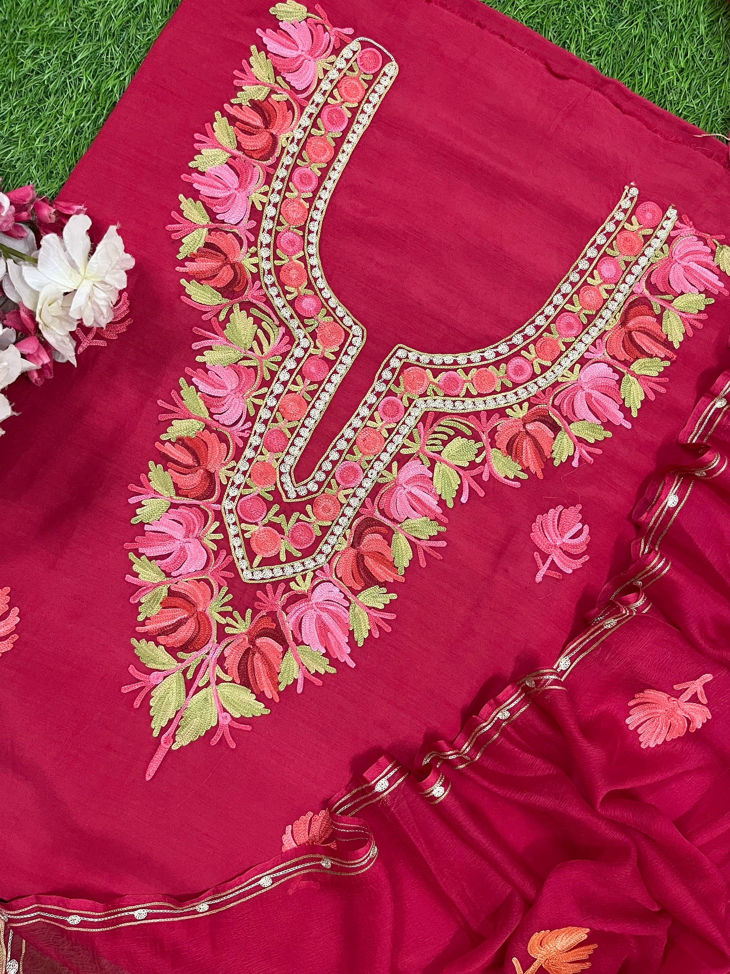 Red Muslin Cotton Aari Embroidered 3pc set