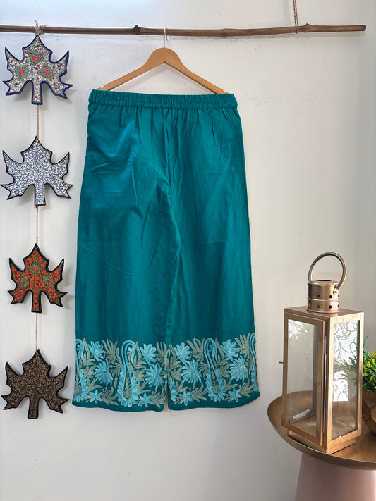 Women Green Wide Leg Aari Embroidered Palazzos ‘M’