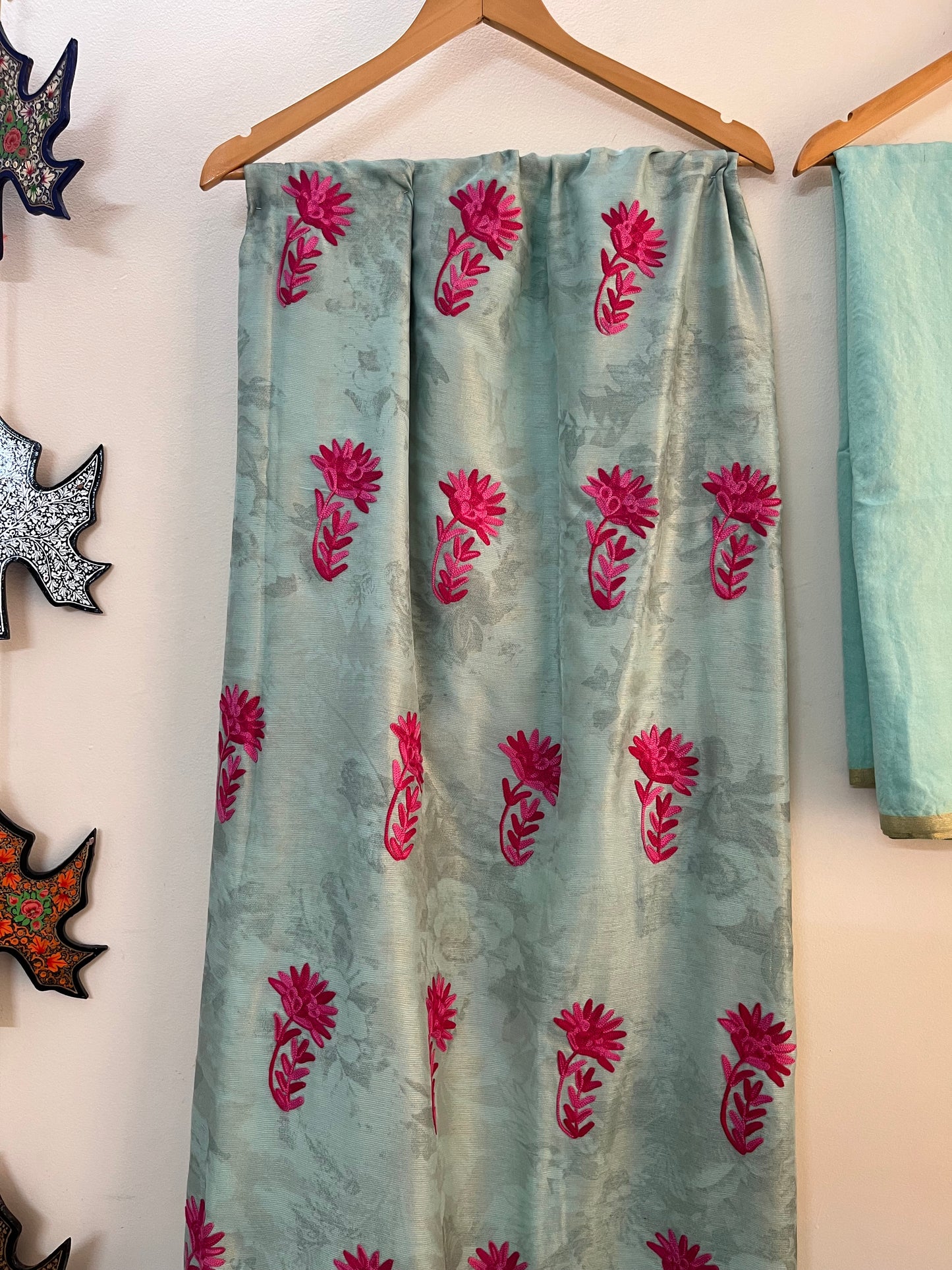 Mint Green Self Work Satin Cotton Unstitched Co-ord Set