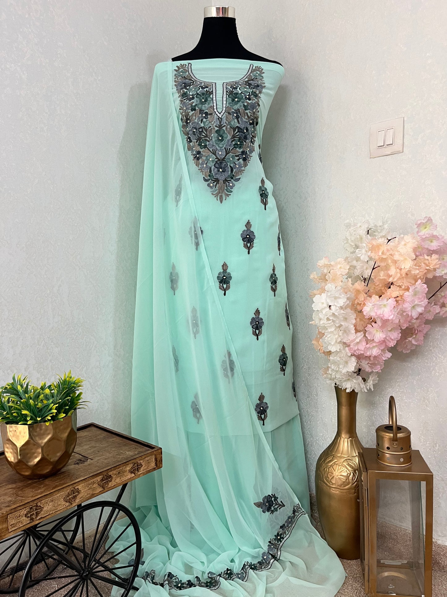 Mint Green Georgette 3Pc Kashmiri Suit
