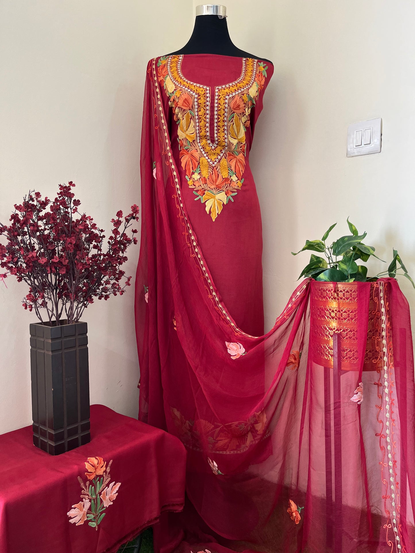 Maroon Opada Silk Aari Embroidered Suit material