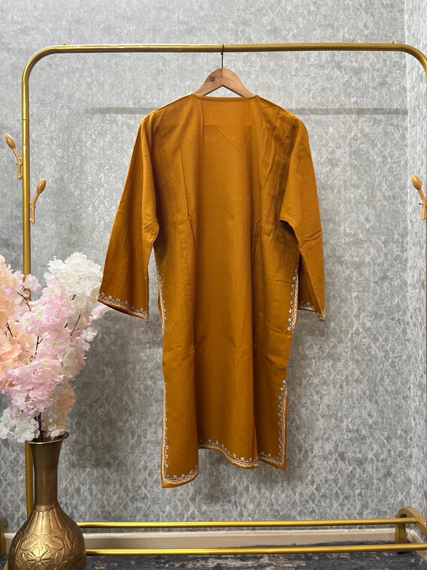 Mustard Yellow Aari Embroidered Wool Pheran