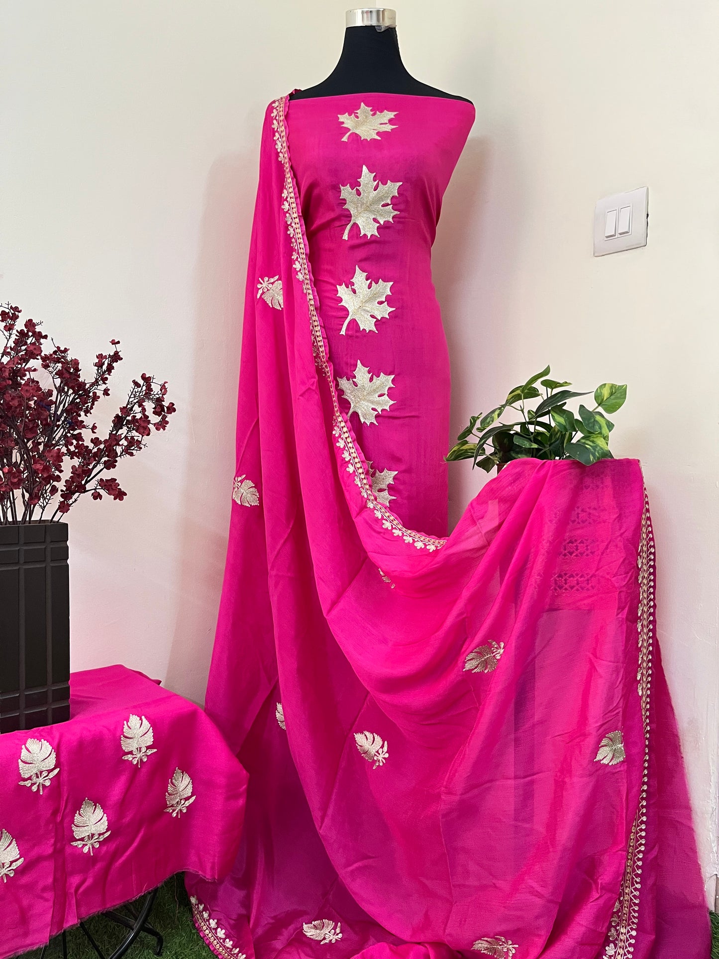 ‘Kalaa’ Fuchsia Pink Opada Silk Tilla Embroidered Suit material