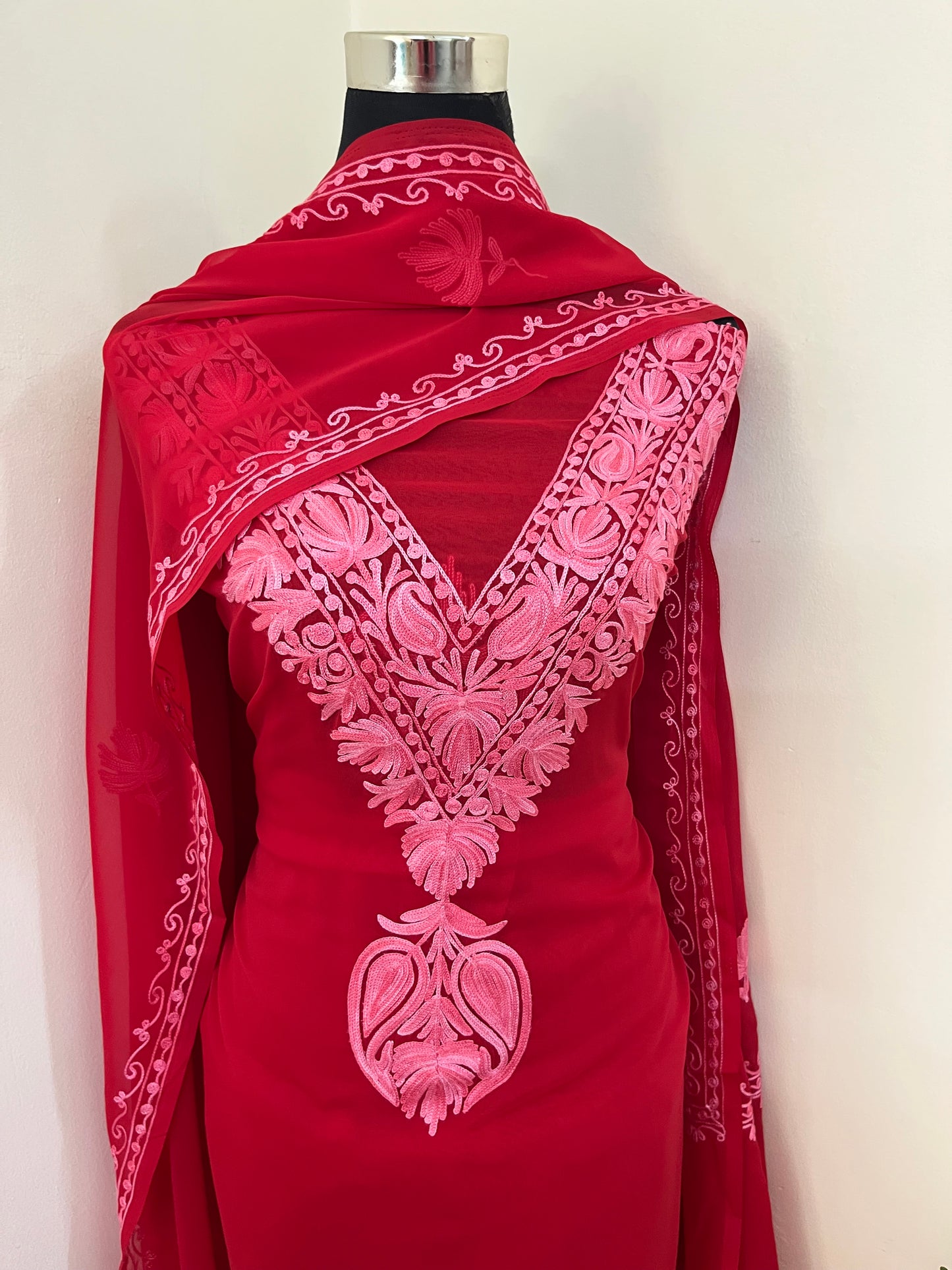 Red Georgette Red 3 Pc Aari Embroidered Suit Set