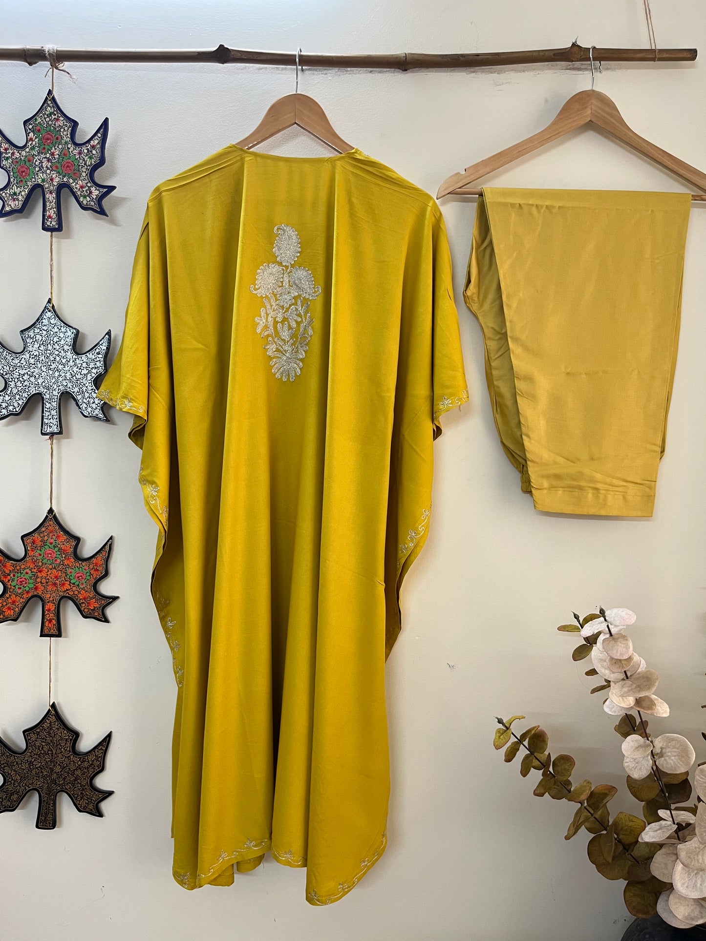 Golden Yellow Rayon Cotton Kashmiri Tilla Kaftan