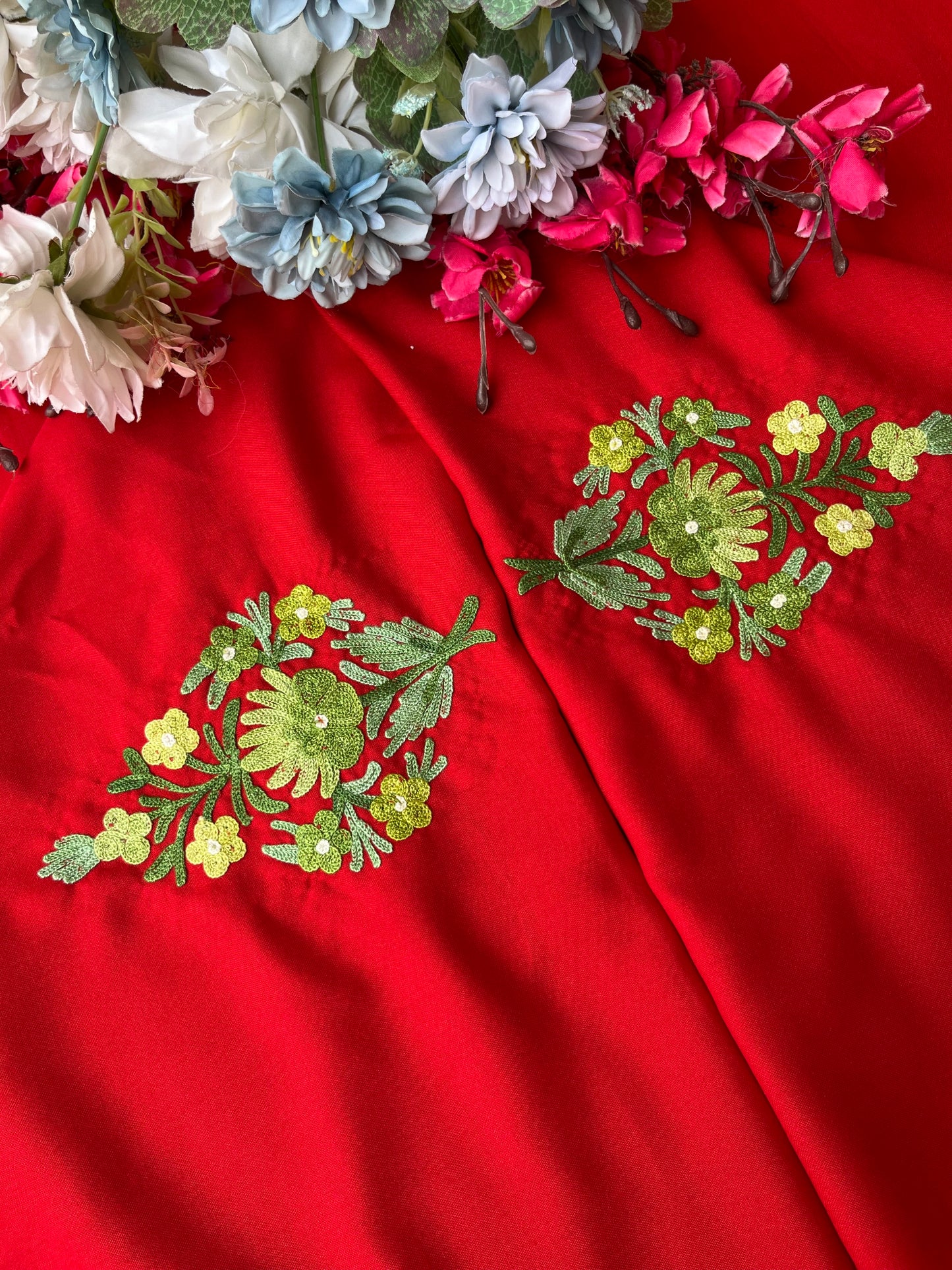 Red Aari Embroidered Cotton Suit Set