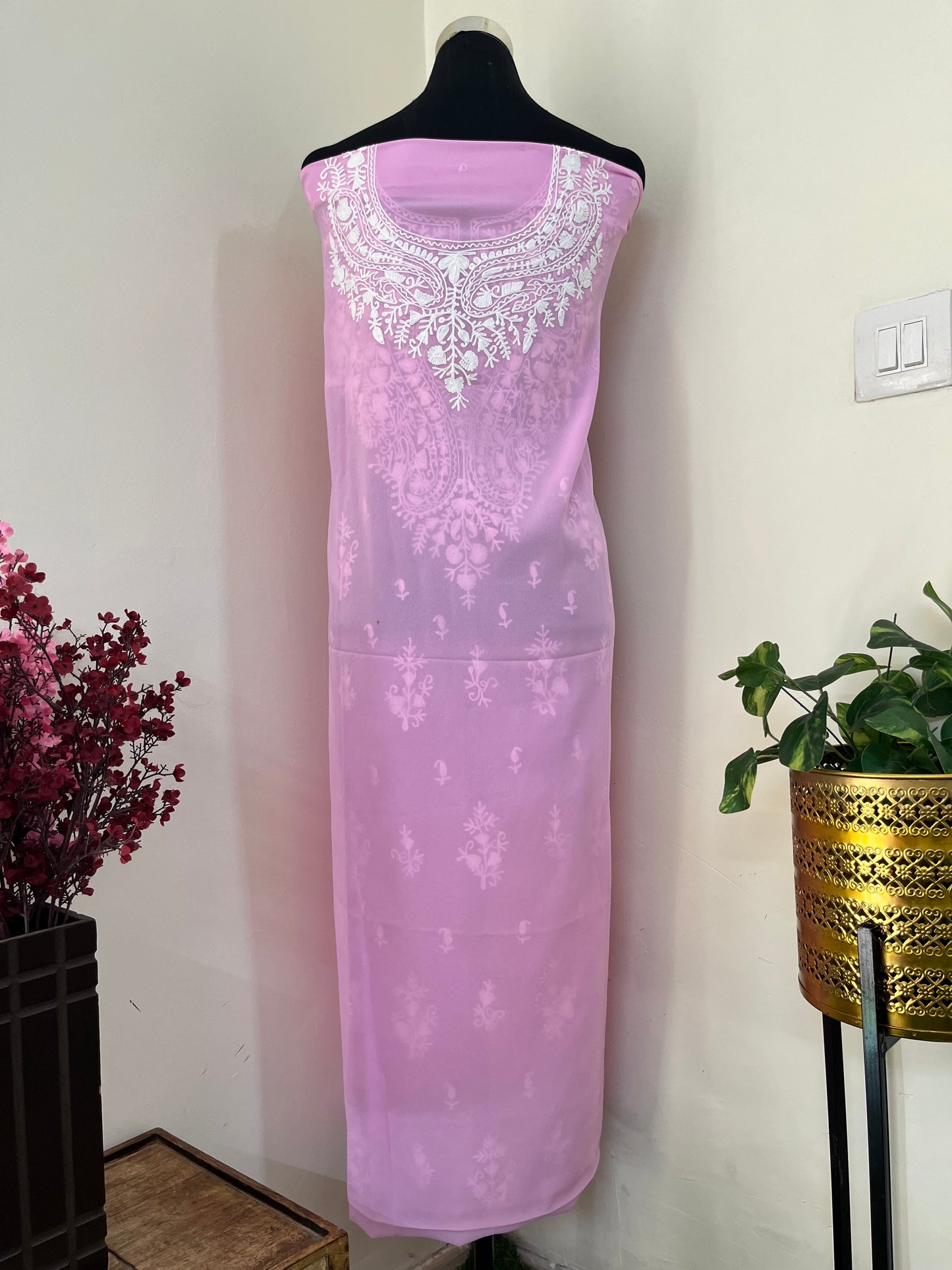 Soft Pink Georgette Kashmiri Unstitched Kurta Material