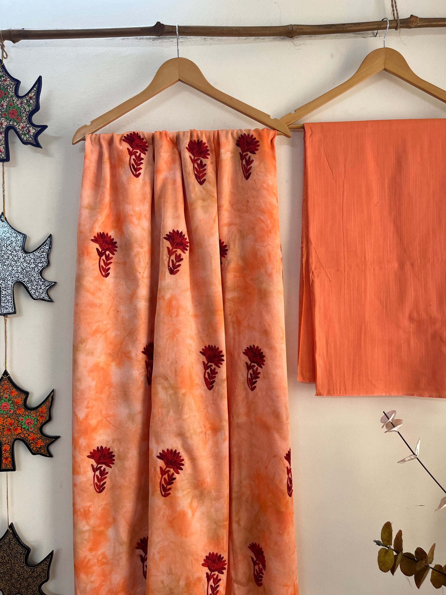 Tangerine Orange Self Work Satin Cotton Unstitched Co-ord Set