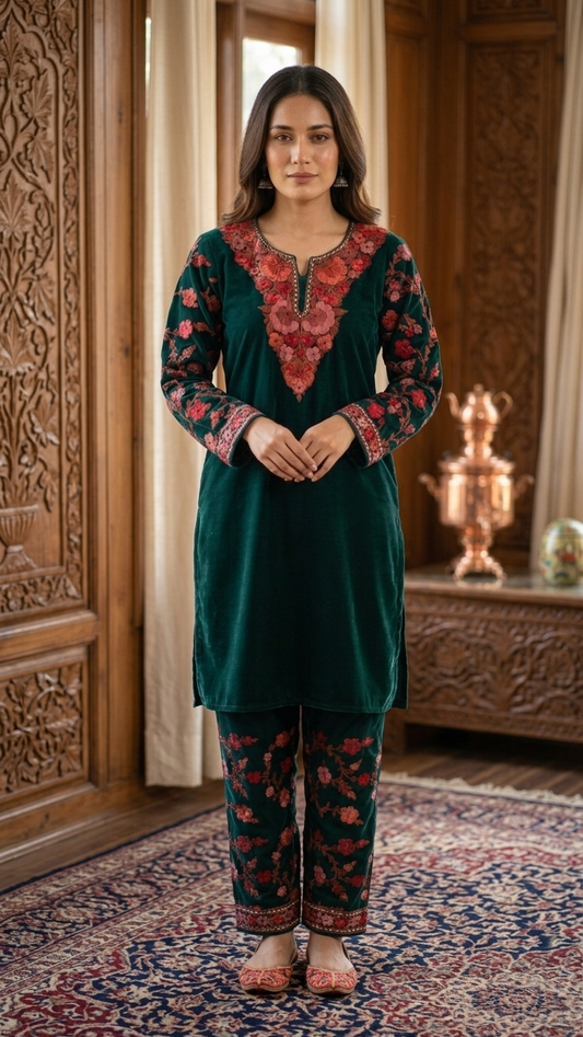 Teal Green Woollen Kashmiri Co-Ord Set ( Size 40 )