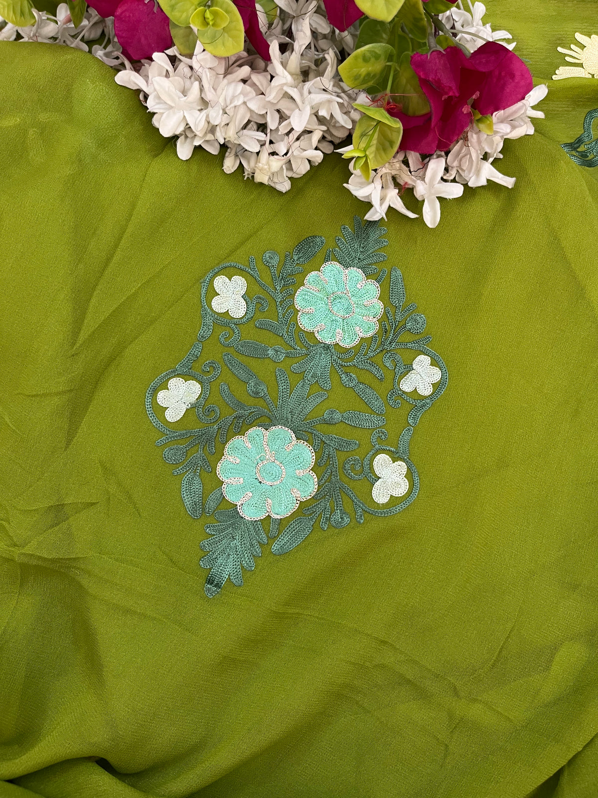 Henna Green Pure Georgette 3 Pc Heavy Kashmiri Suit