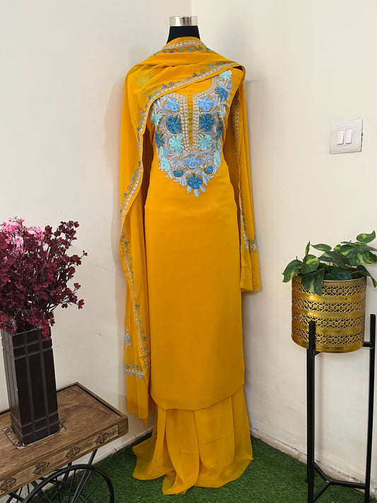 Mustard Georgette 3 Pc Aari Embroidered Suit Set