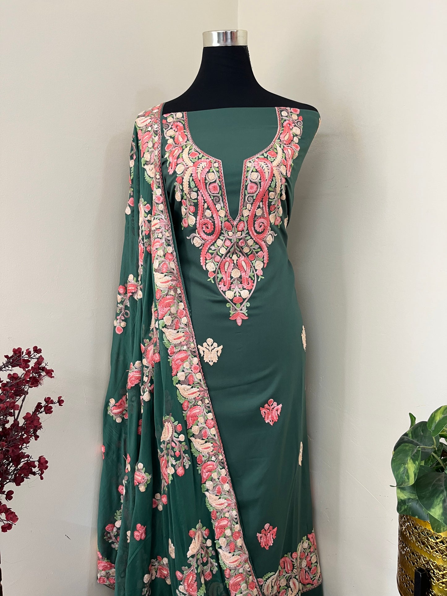 Jade Green Rayon Cotton Kashmiri 3pc set