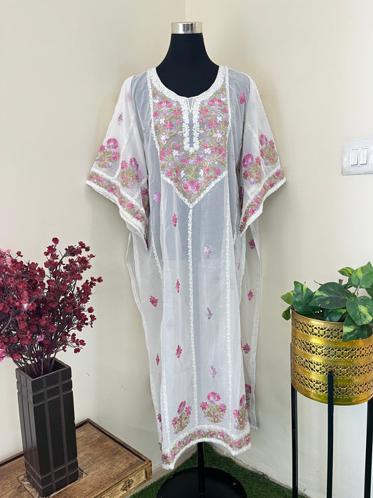 Off White Georgette All over Work Aari Embroidered Unstitched Kurta