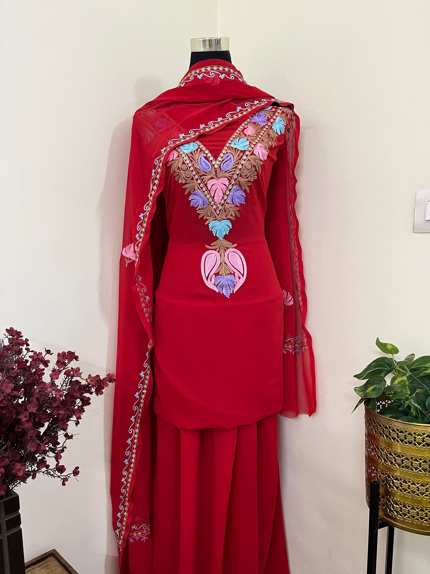 Red Georgette 3 Pc Aari Embroidered Suit Set