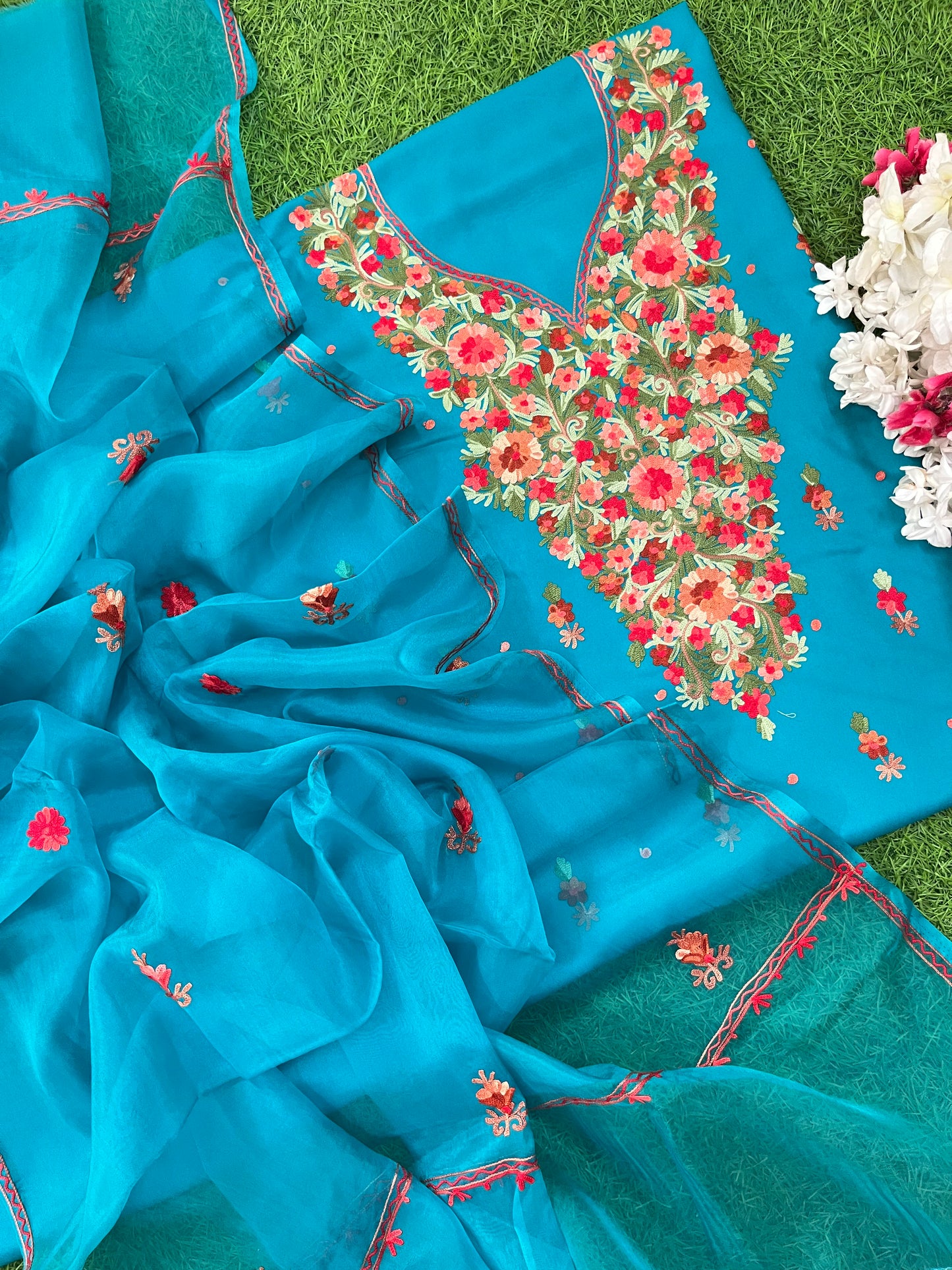 Peacock Blue Cotton Organza Dupatta Kashmiri 3pc set