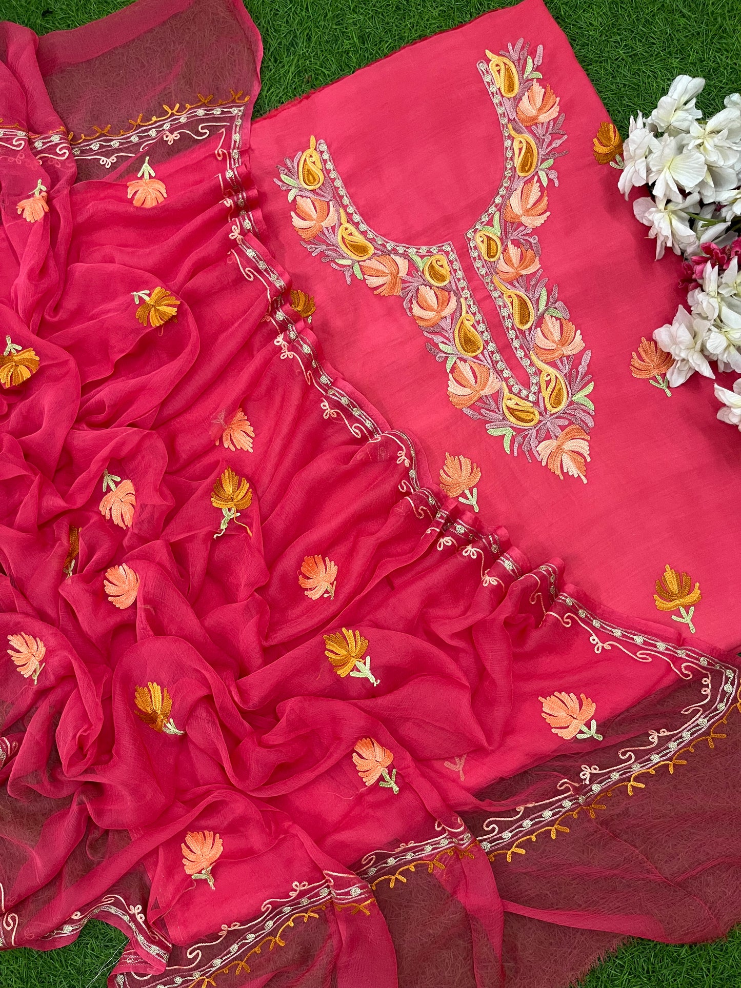 Carrot Red Muslin Cotton Jaal Sleeves Kashmiri 3pc Suit