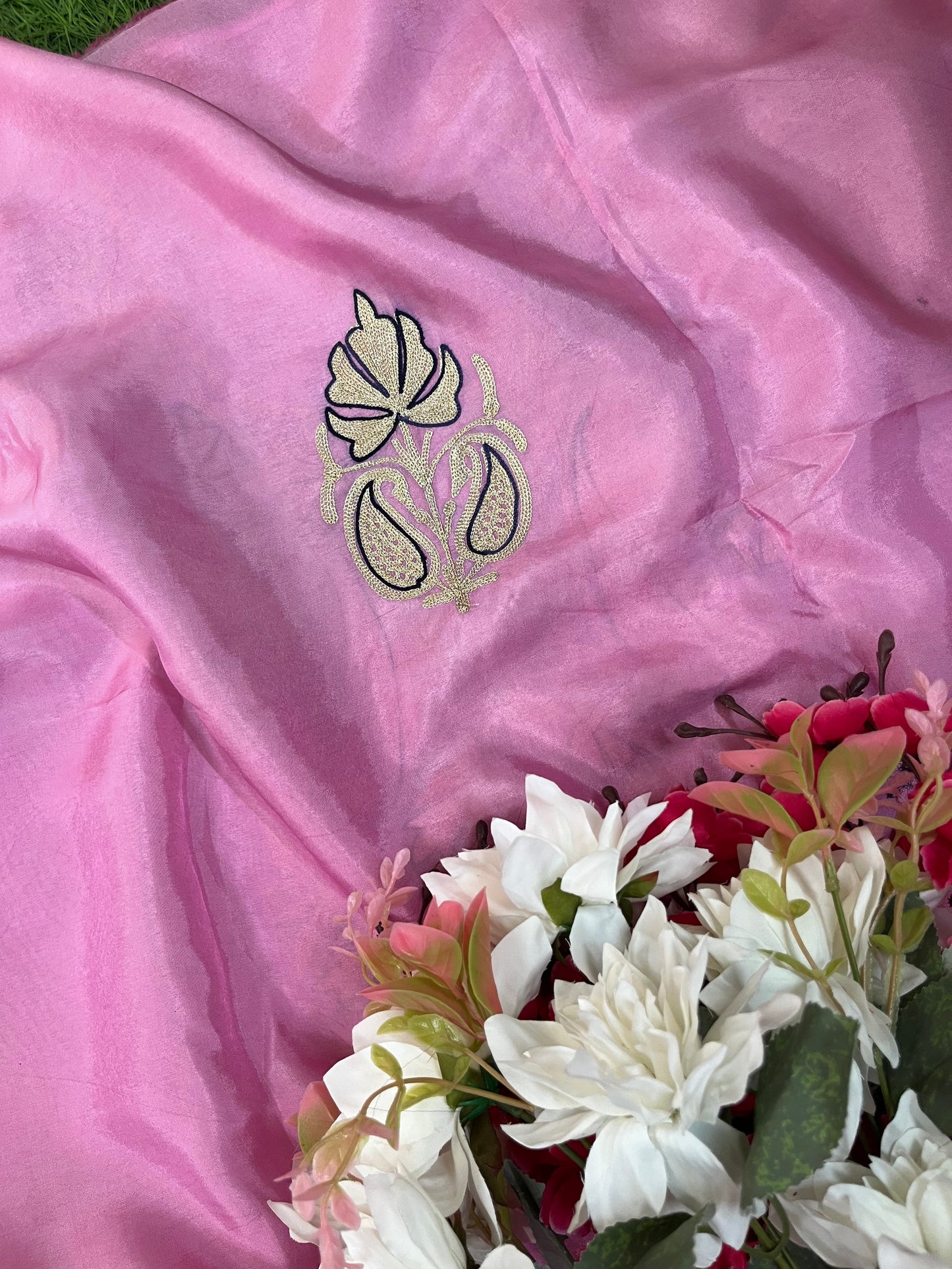 Pink Silk Aari Tilla Fusion Suit