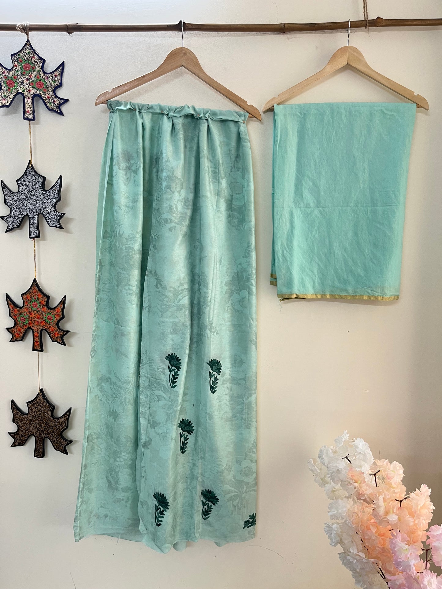 Mint Green Self Work Satin Cotton Unstitched Co-ord Set