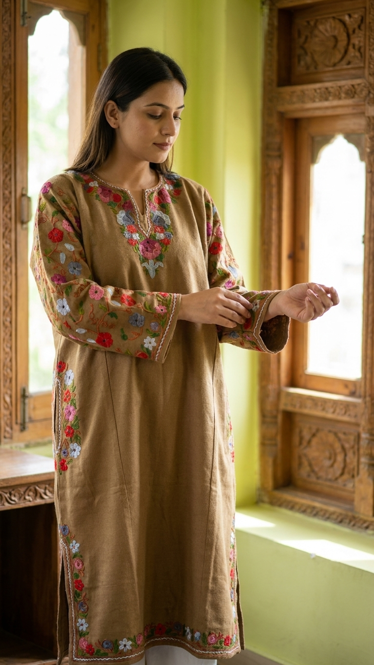 Beige Aari Embroidered Wool Pheran