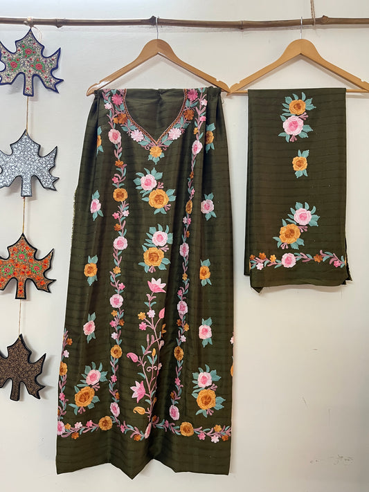 Henna Green Muslin Cotton Striped Sequin Pattern Unstitched Co-ord Set