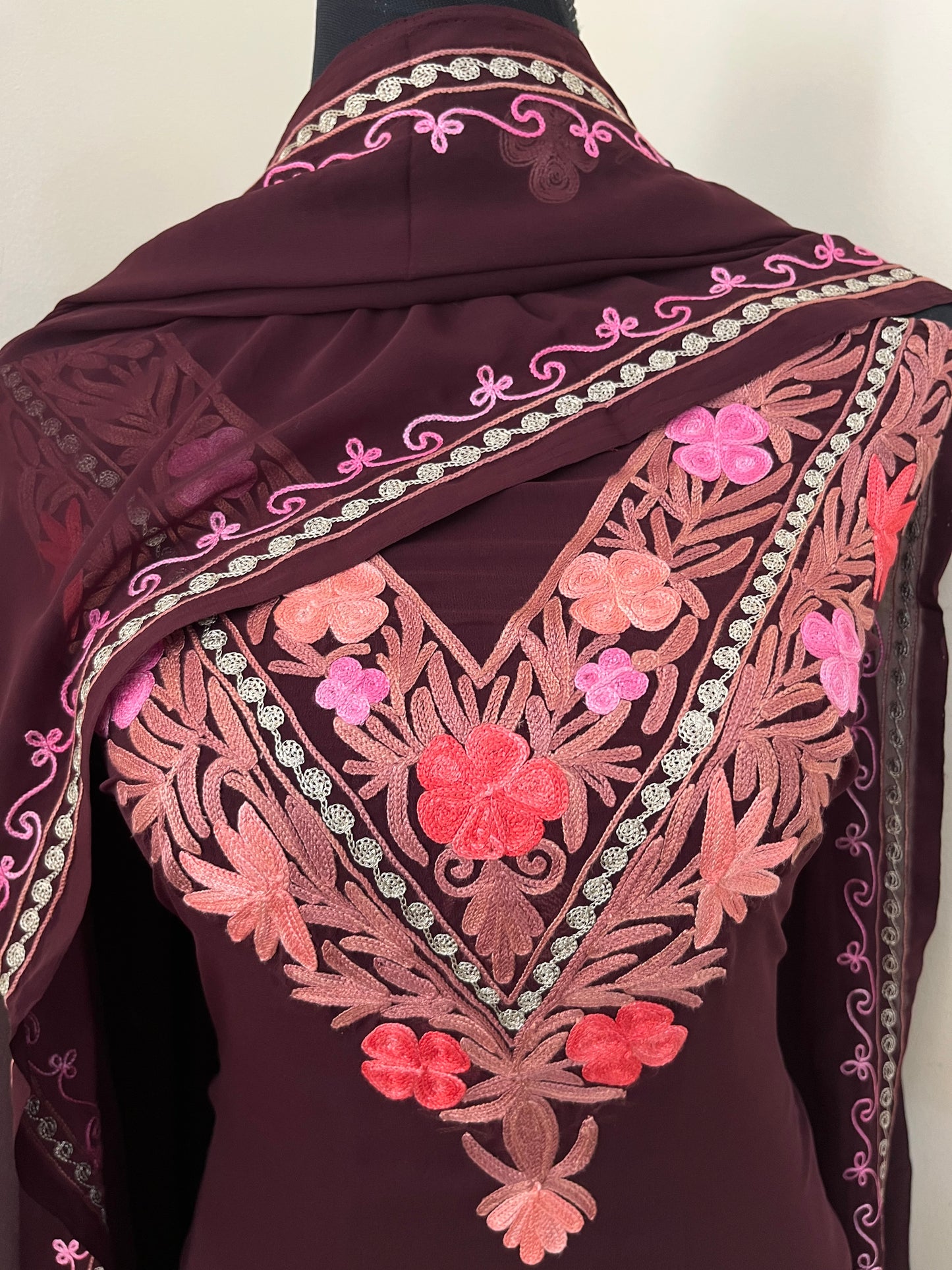 Brown Georgette 3 Pc Aari Embroidered Suit Set