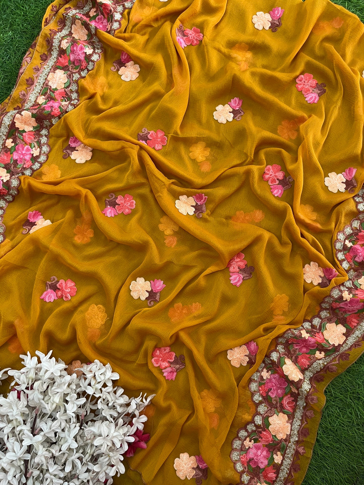 Mustard Yellow Rayon Cotton Kashmiri 3pc set