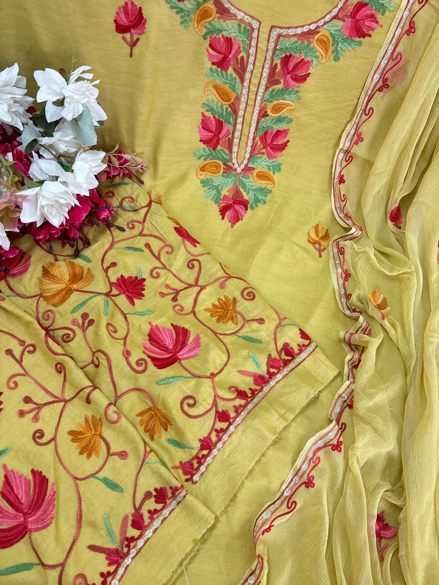 Soft Green Muslin Cotton Jaal Sleeves Kashmiri 3pc Suit