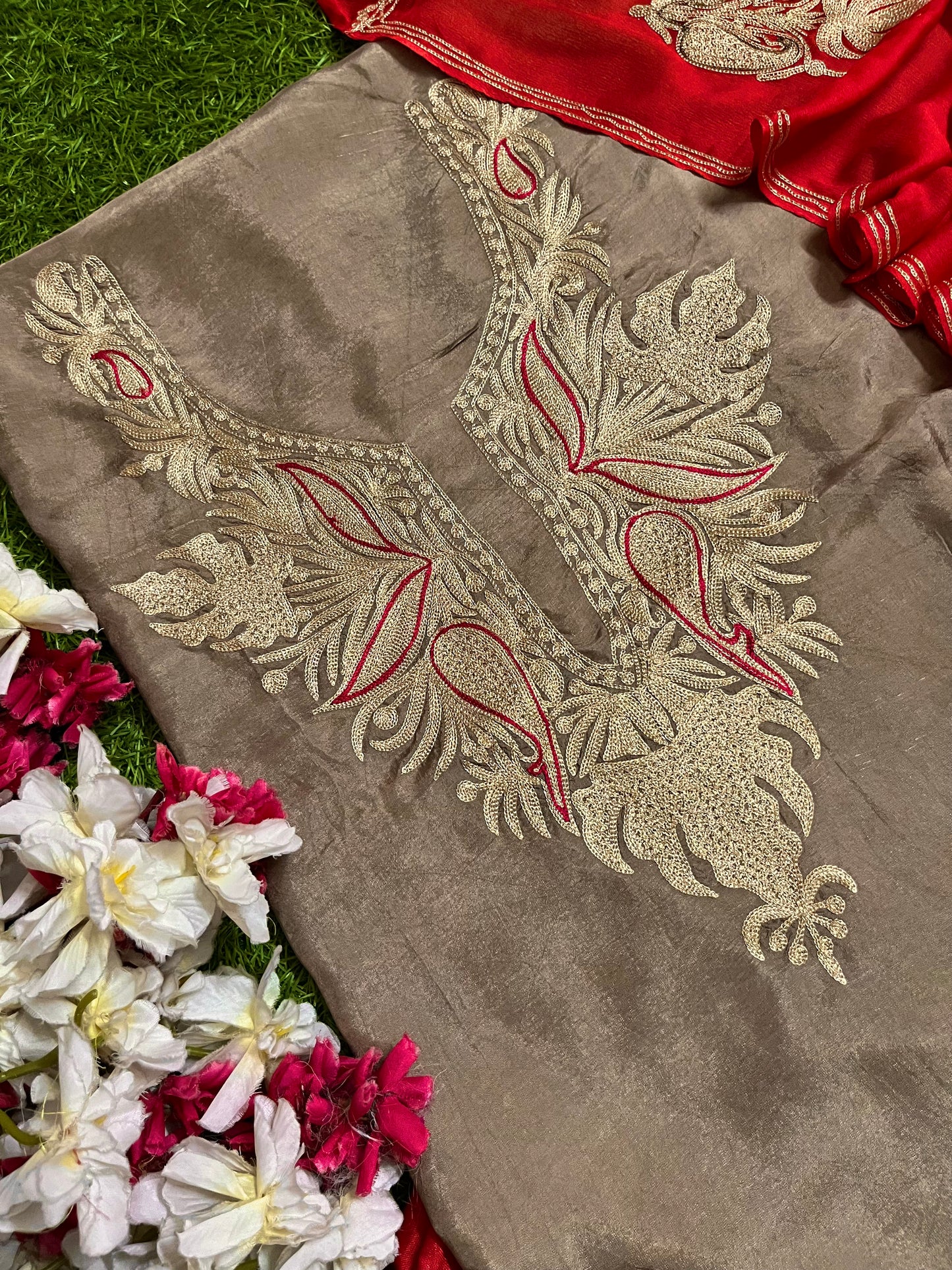 Golden Beige Silk Aari Tilla Fusion Suit