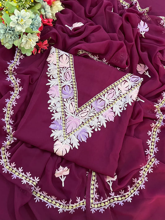 Wine Georgette 3 Pc Aari Embroidered Suit Set
