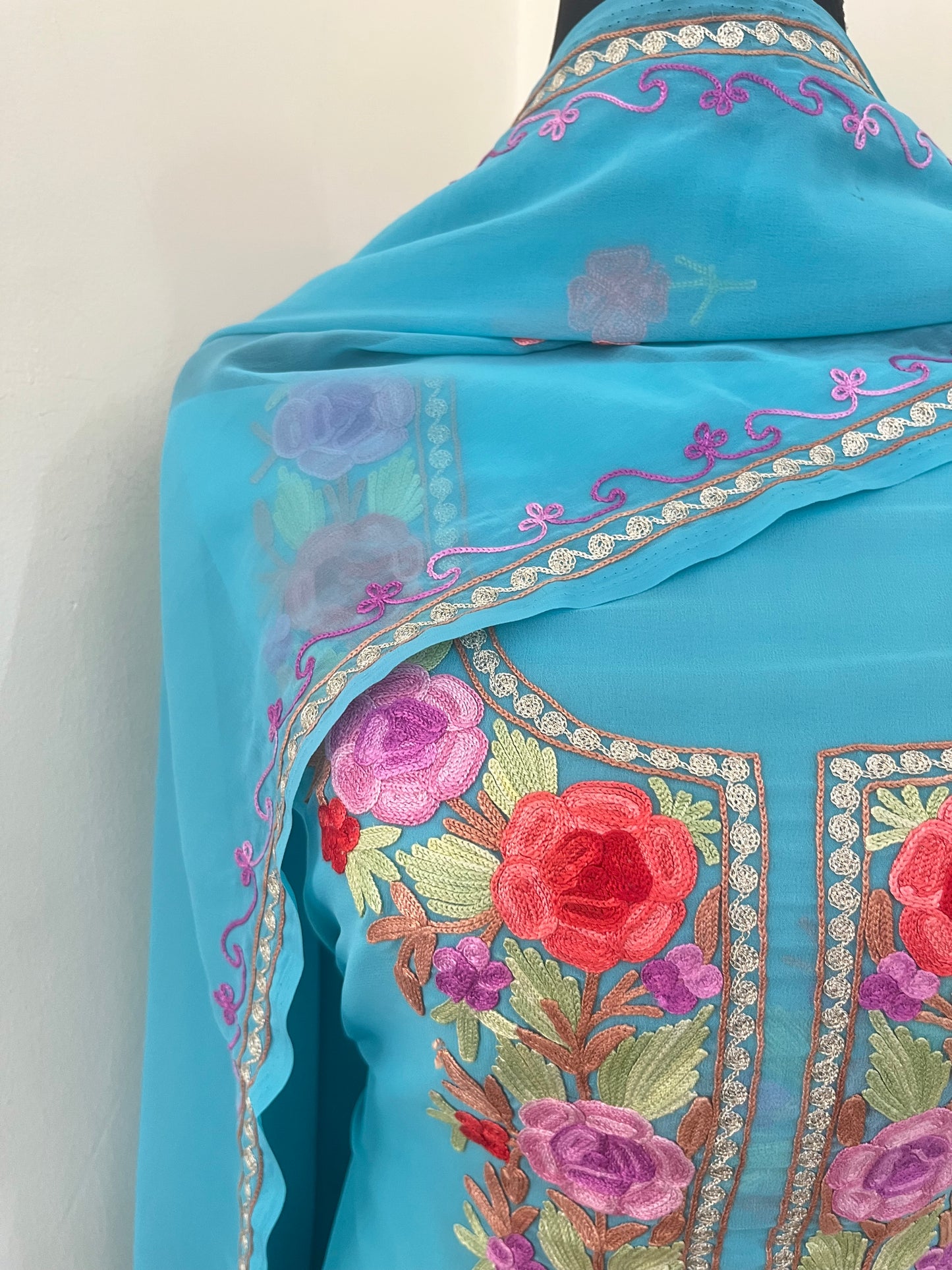 Firozi Blue Georgette 3pc Aari Embroidered Suit