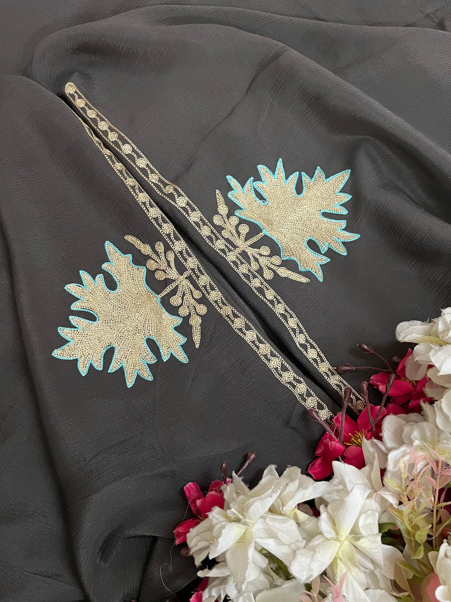 Grey Chinon 3 Pc Aari Embroidered Suit