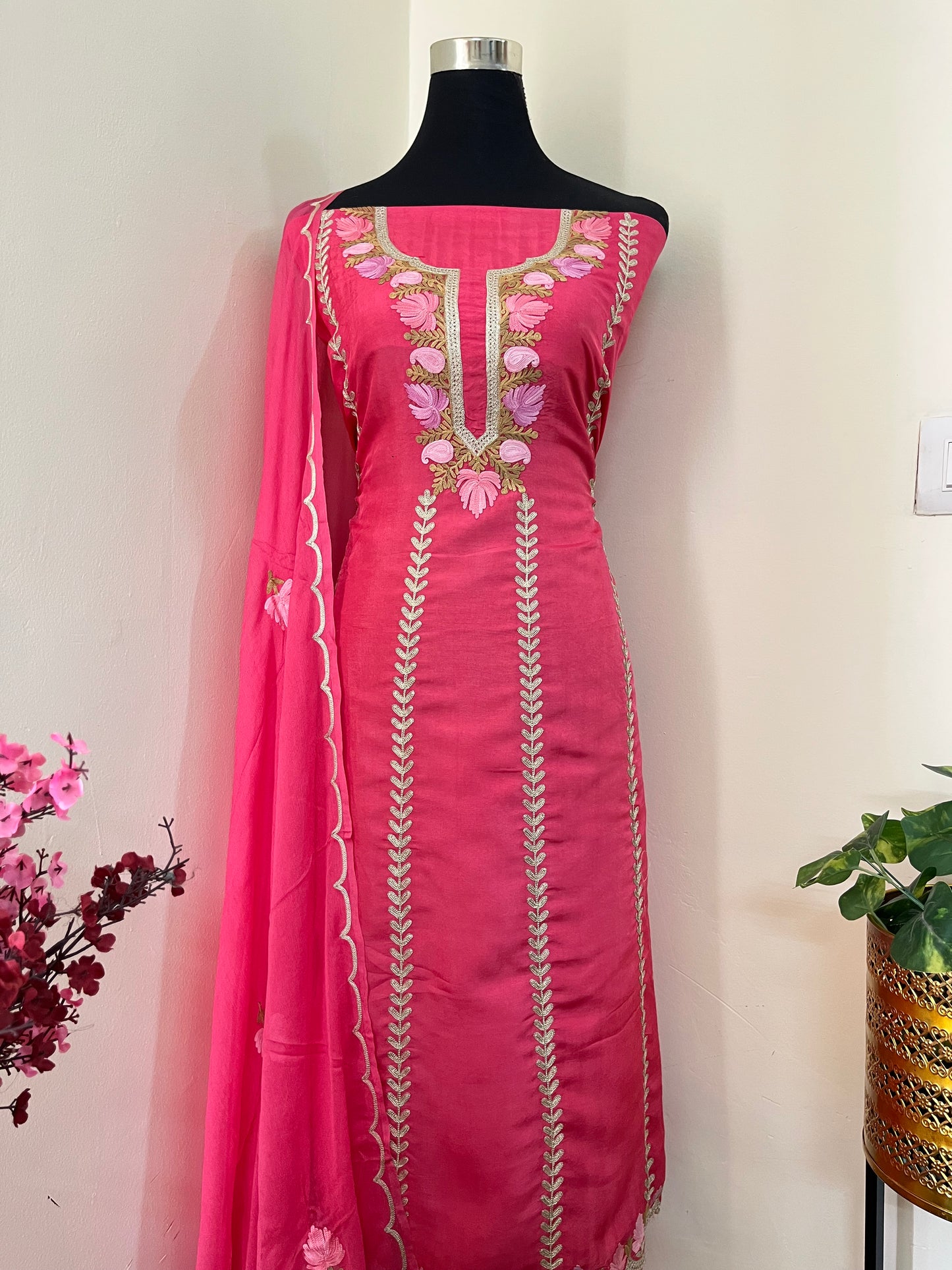 Sanam’ Soft Pink Silk Aari Embroidered Suit material