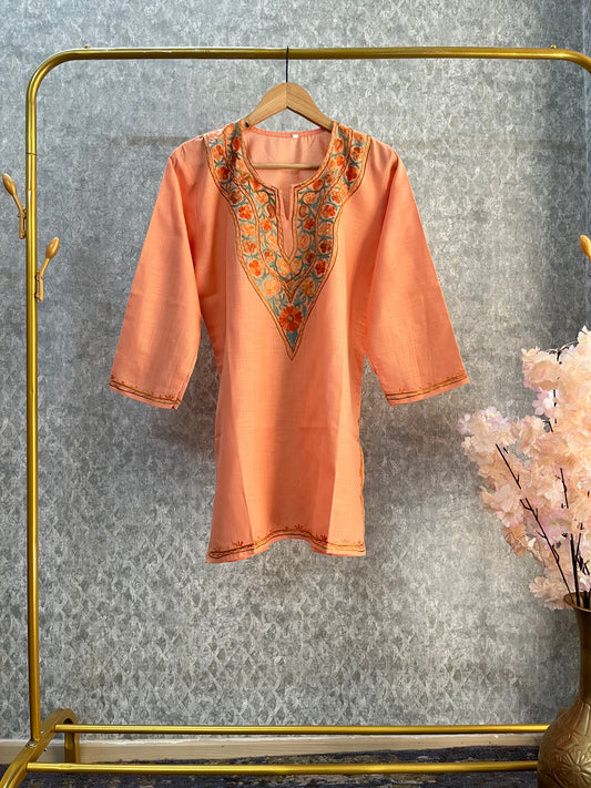 Peach Cotton Aari Work Kurta