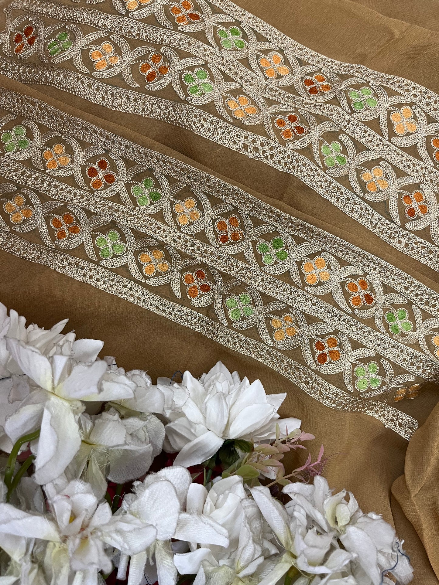 Golden Pure Georgette 3Pc Kashmiri Embroidered Suit