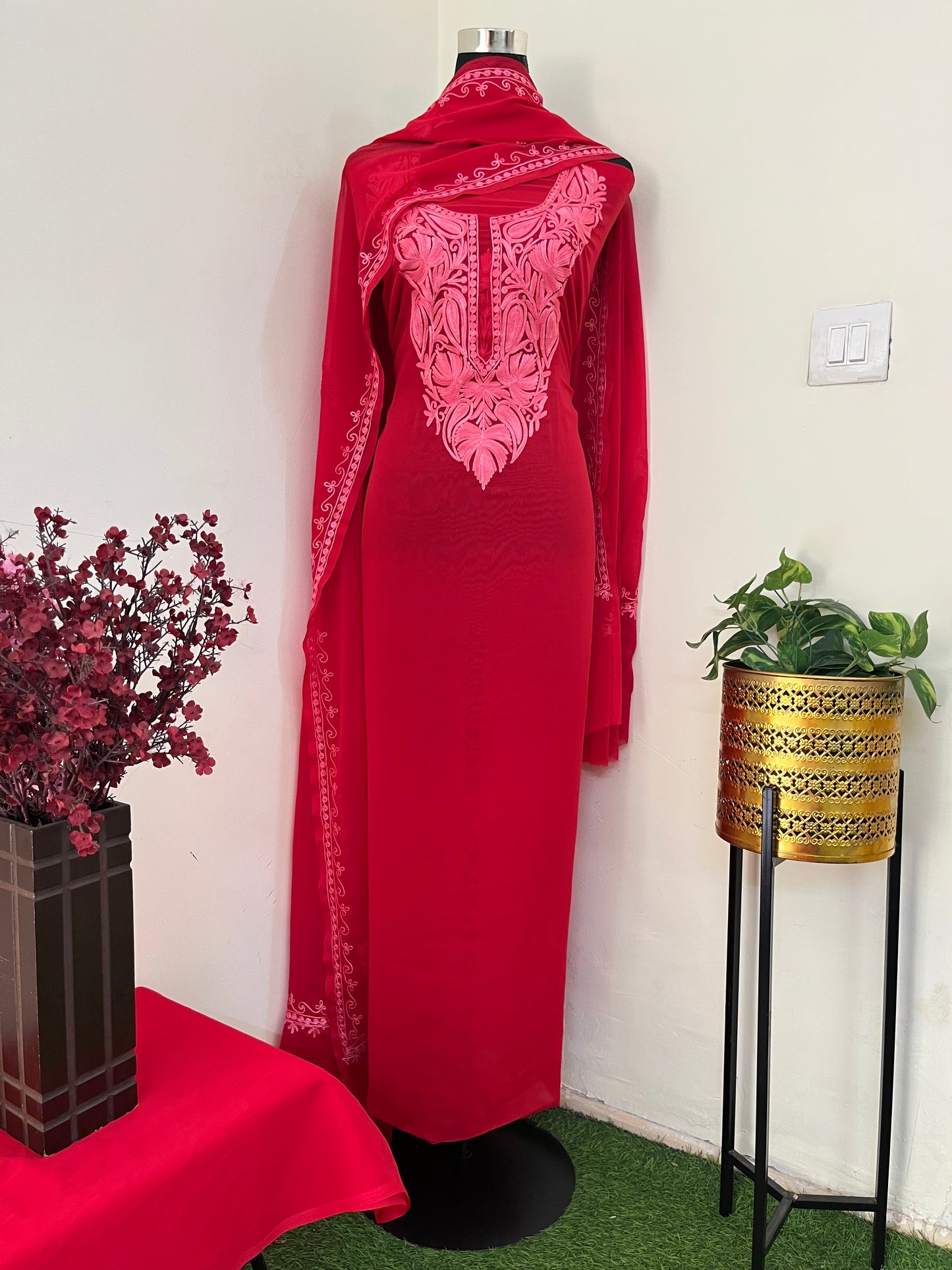 Red Georgette 3 Pc Aari Embroidered Suit Set