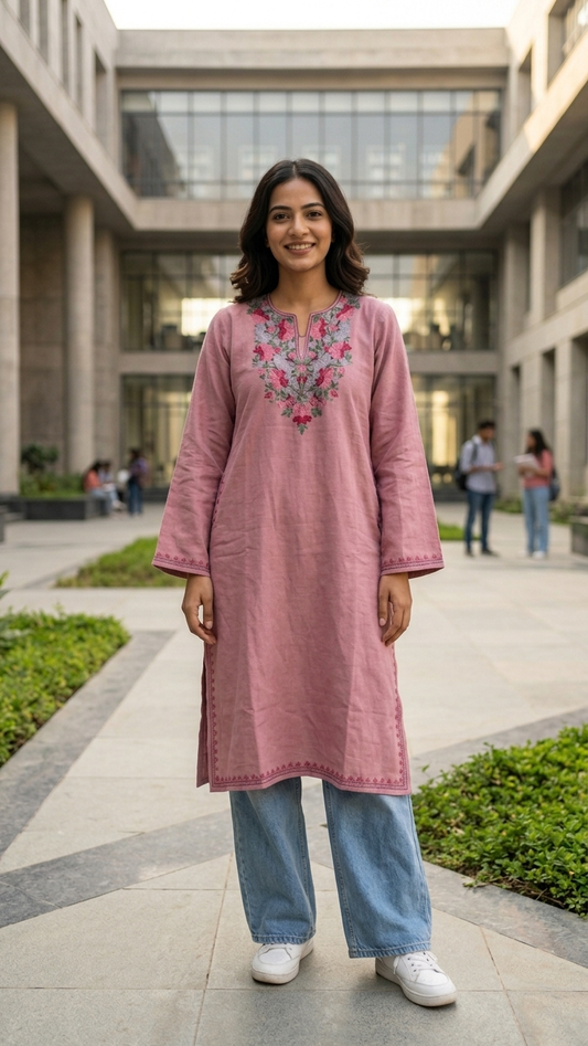 Soft Pink Aari Embroidered Wool Pheran