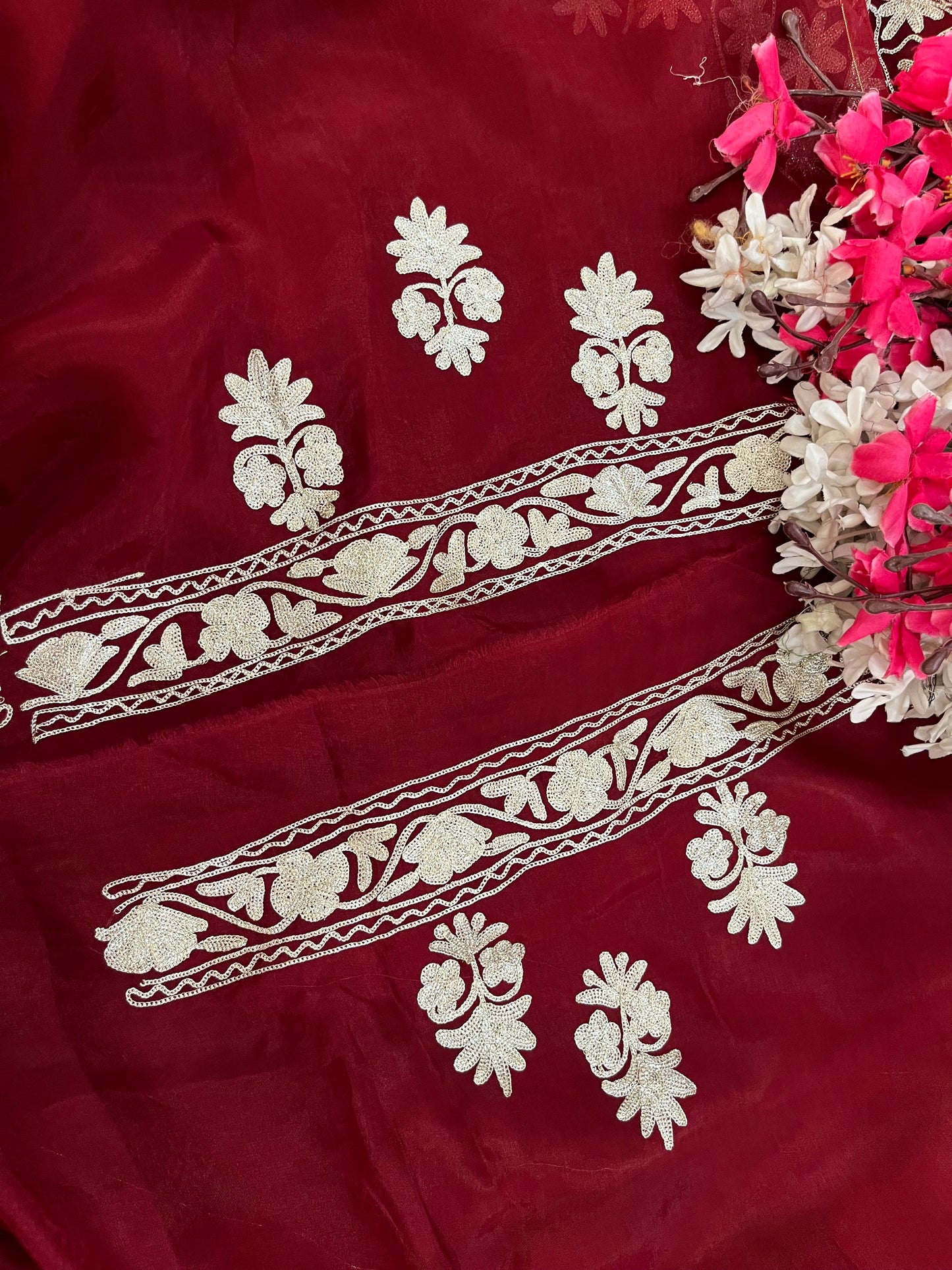 Maroon Pure Soft Organza 3 Pc Heavy Kashmiri Suit