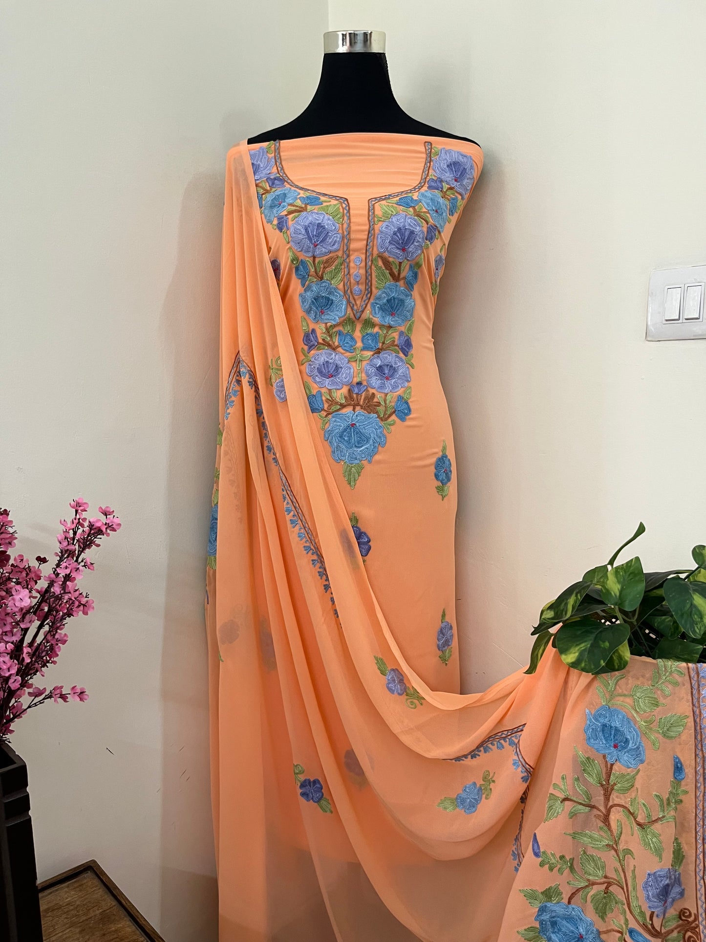 Light orange Georgette 3 Pc Aari Embroidered Suit