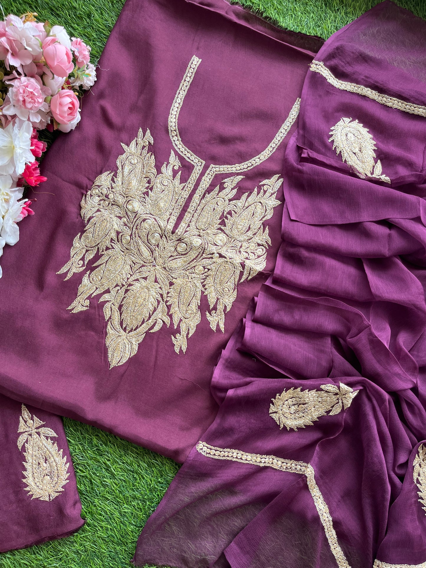‘Kalaa’ Wine Muslin Silk Tilla Embroidered Suit material