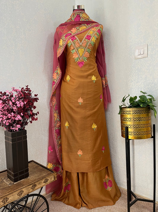Soft Brown Chanderi Silk Kashmiri Suit