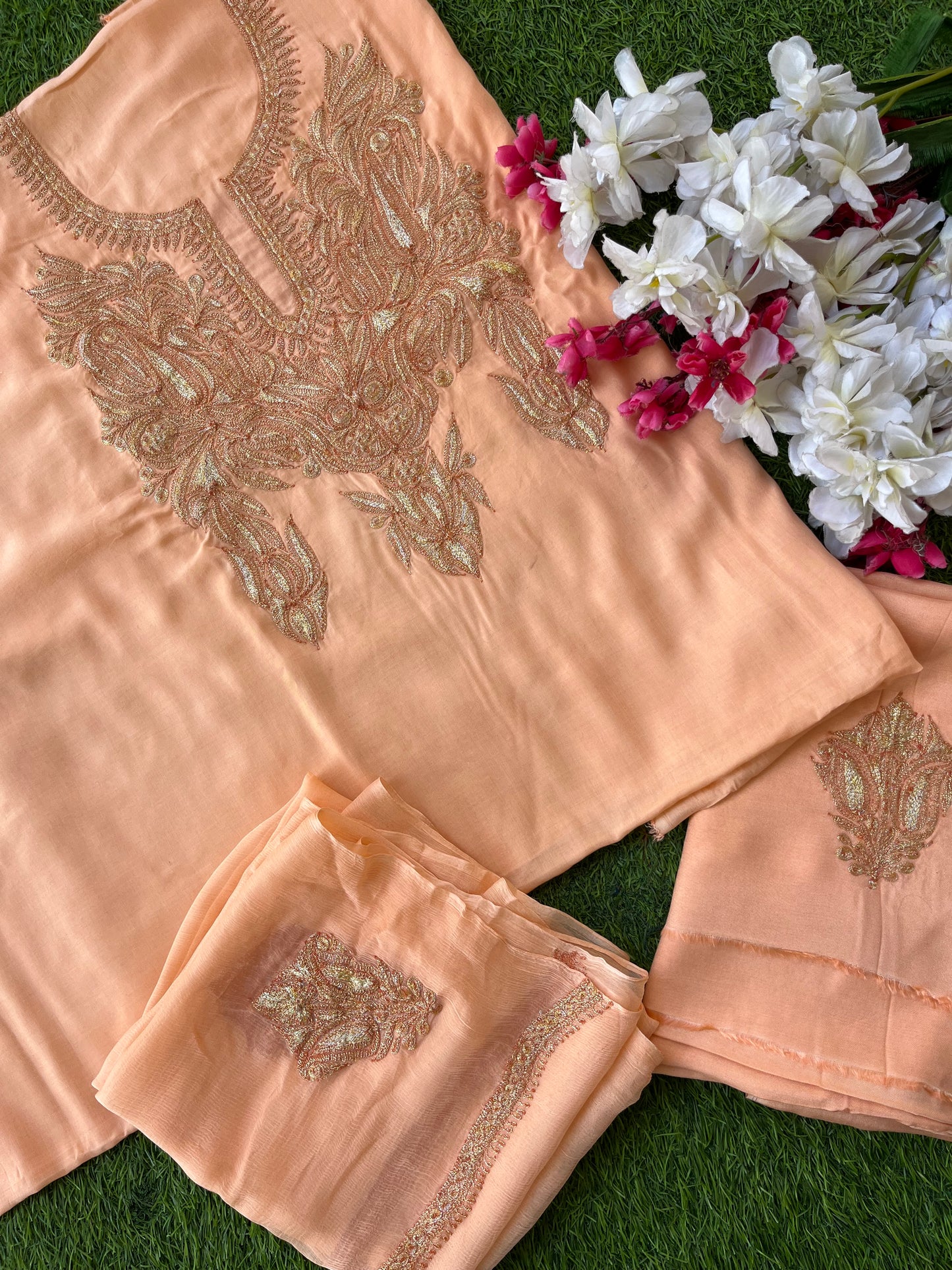 Kalaa’ Peach Muslin Silk Tilla Embroidered Suit material