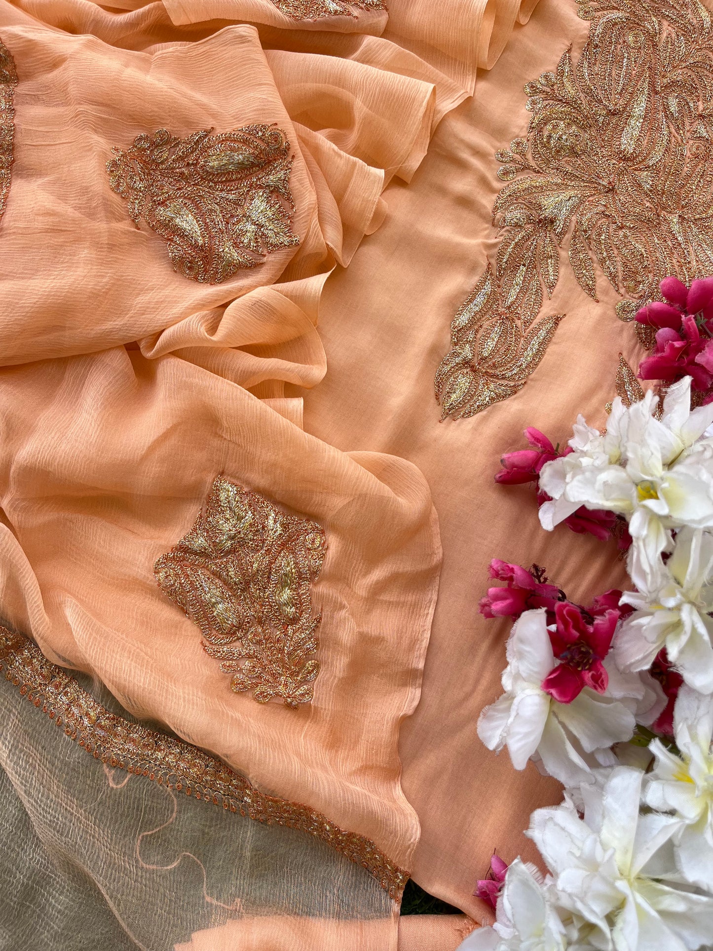 Kalaa’ Peach Muslin Silk Tilla Embroidered Suit material