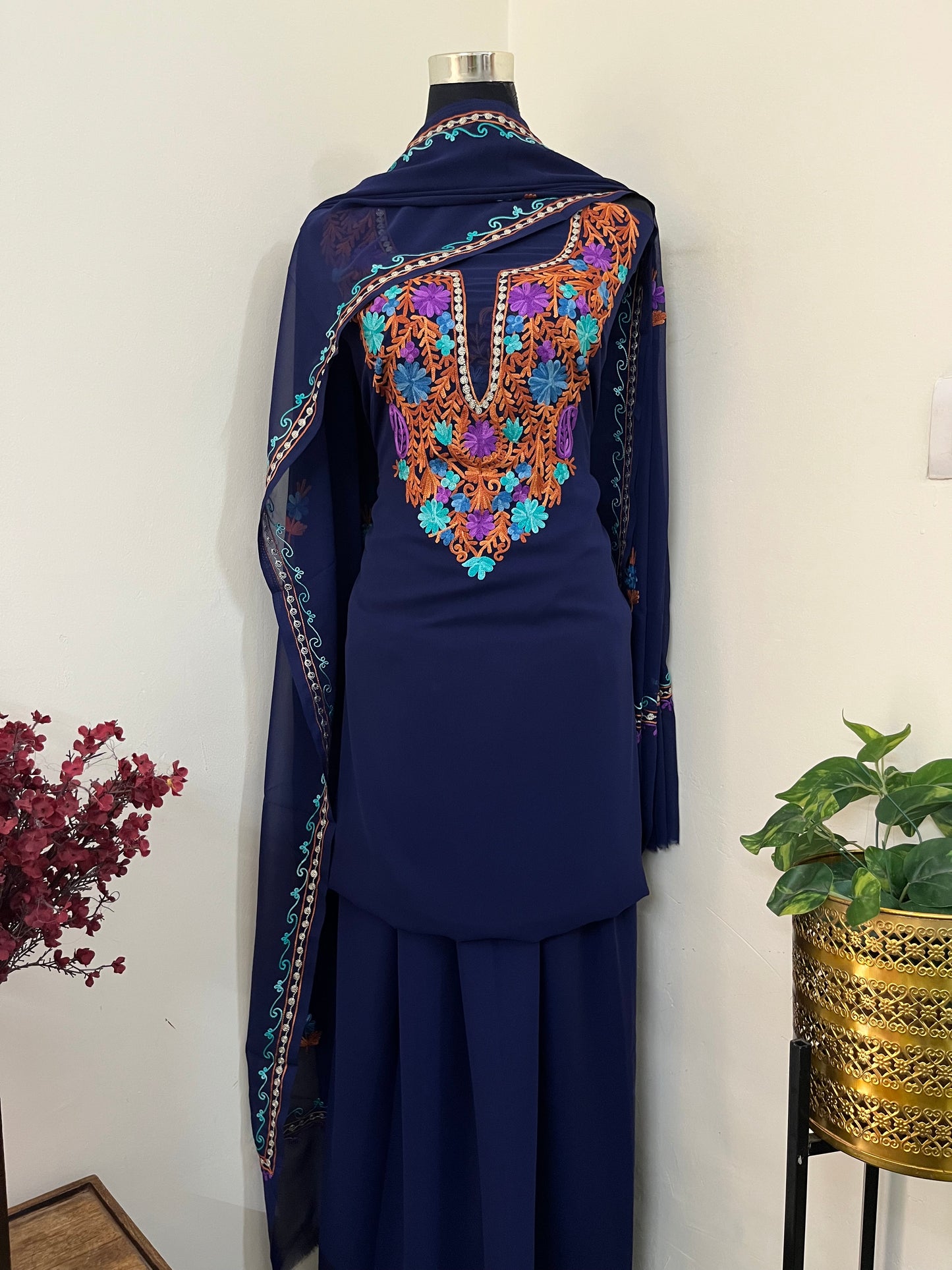 Blue Georgette 3 Pc Aari Embroidered Suit Set