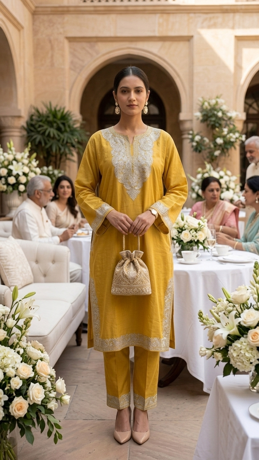 Soft Yellow Cotton Kashmiri Pheran Set (48)