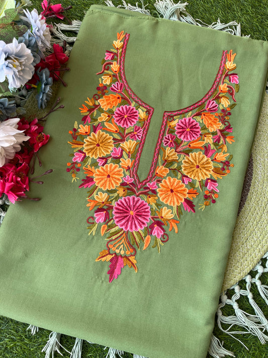 Green Cotton Two Piece Suit (Hand Embroidered)