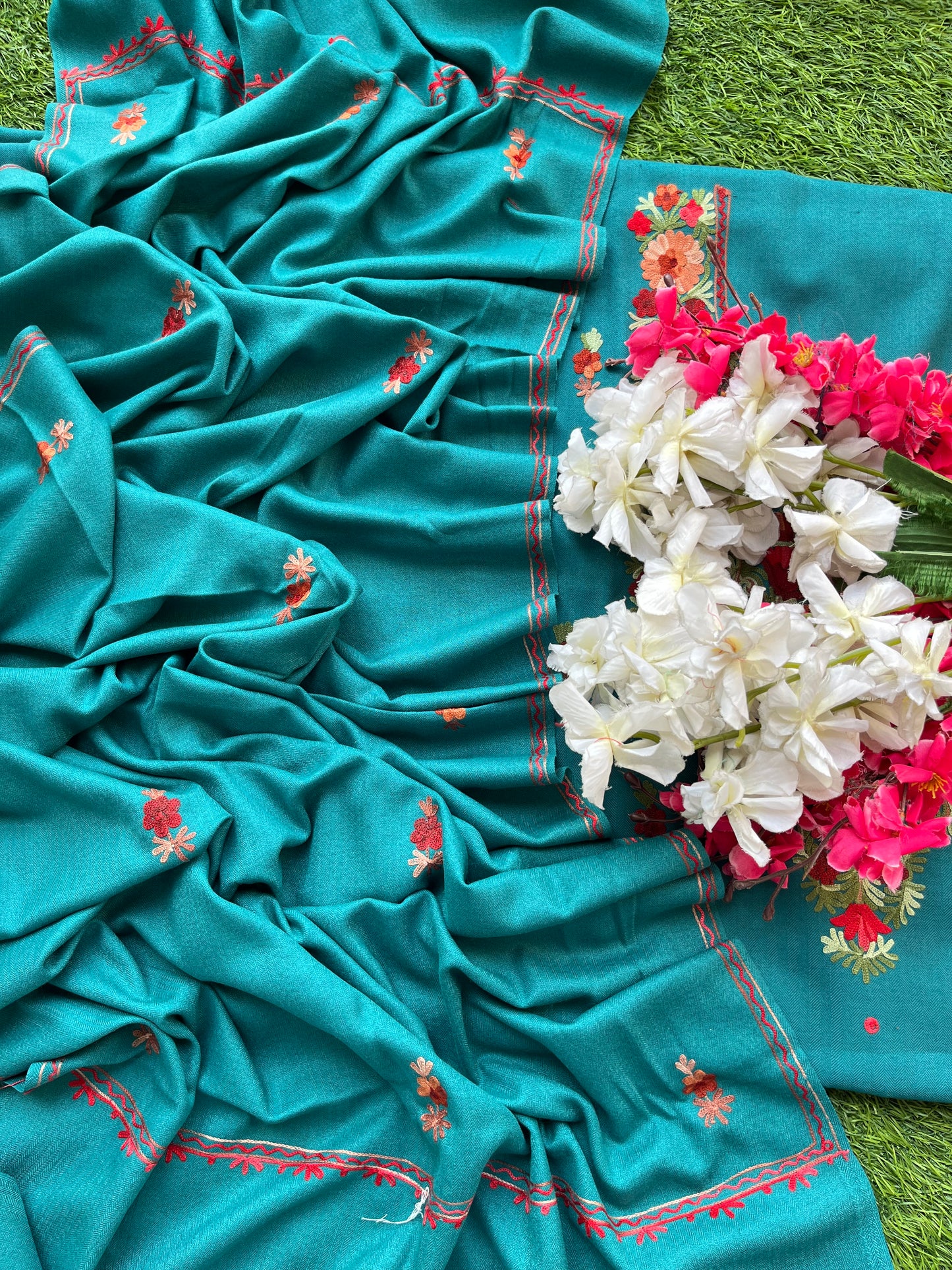 Peacock Blue Woollen Aari Embroidered 3pc suit