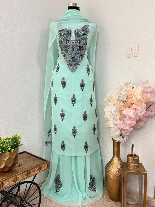 Mint Green Georgette 3Pc Kashmiri Suit