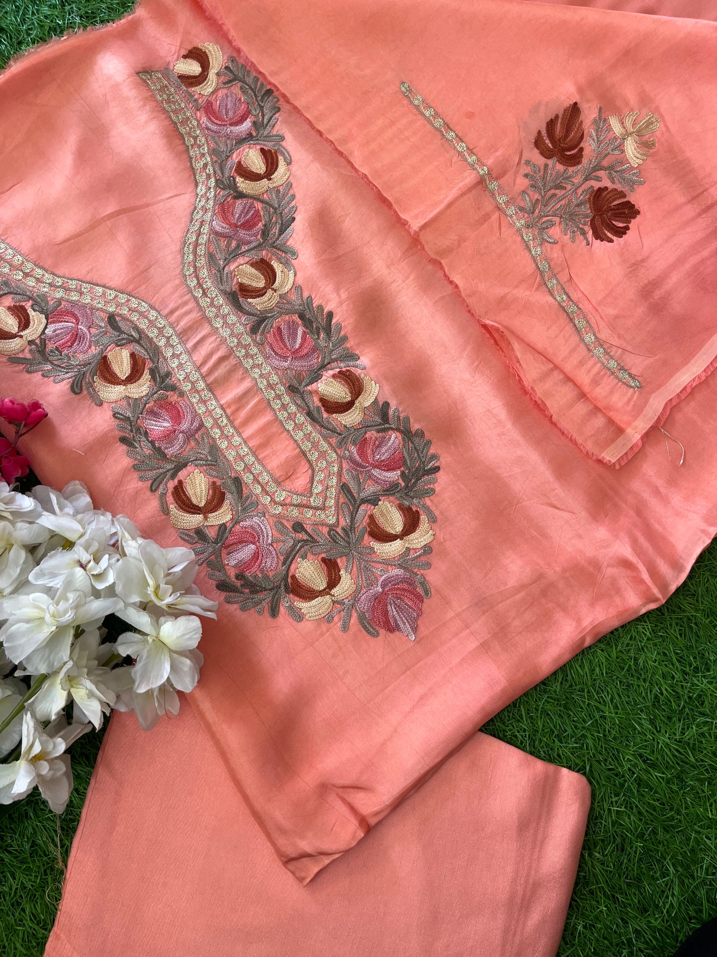 Peach Opada Silk Aari Embroidered Suit material